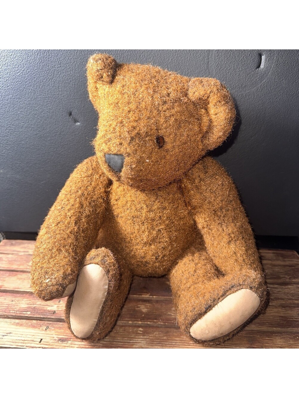 Vtg Brown Teddy Bear Plush Flocked Felt Stuffed Animal Primitive Jointed 16” Toy